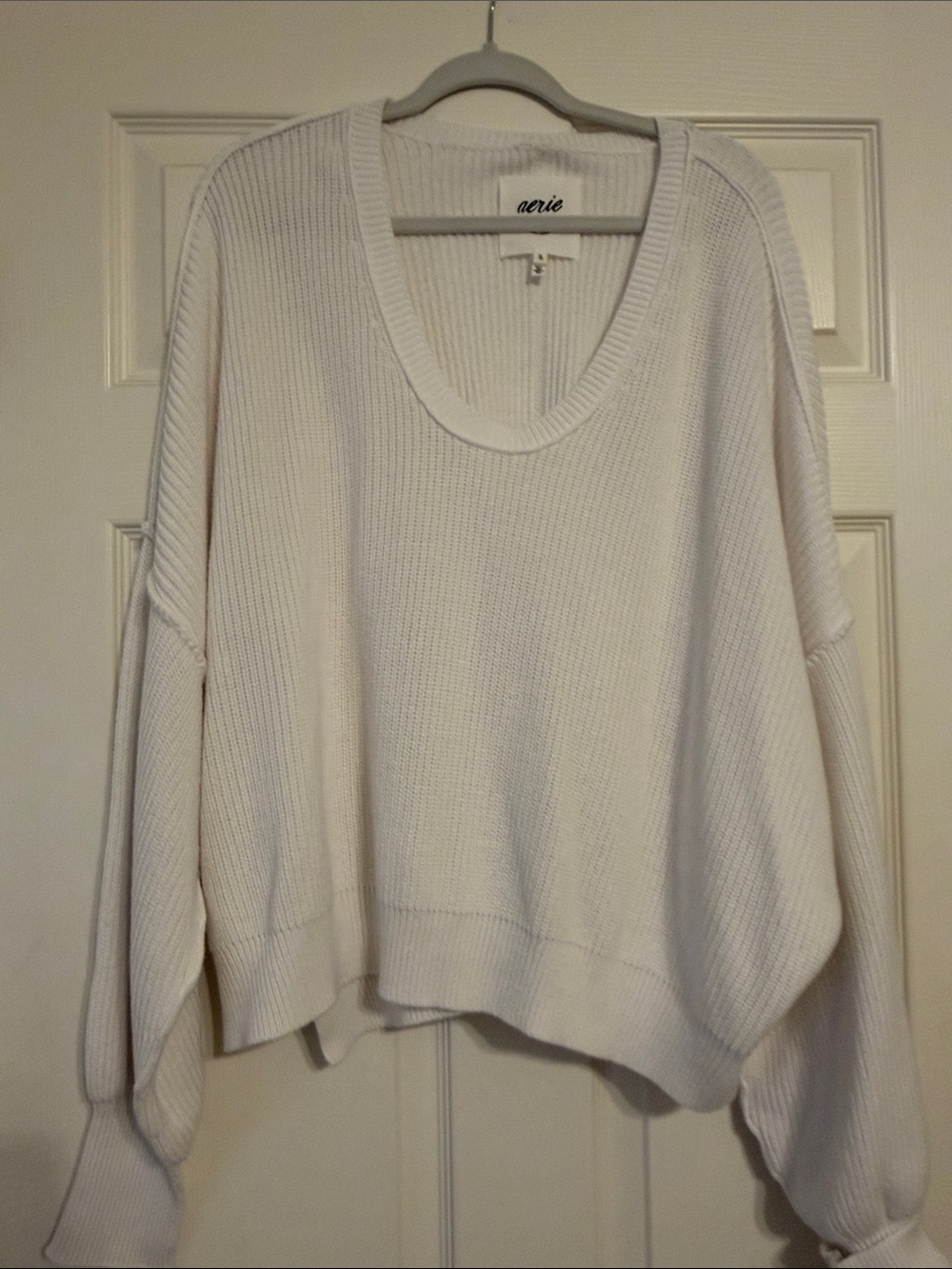 aerie Cream Ribbed Oversized V-Neck Sweater